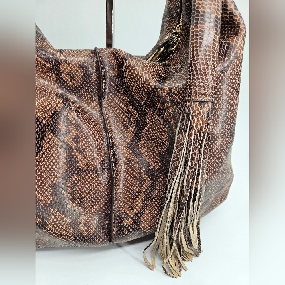 GILI Got To Love It Large LEATHER Emb SNAKE Choc Brown TASSEL Hobo Bag PURSE - Picture 2 of 14
